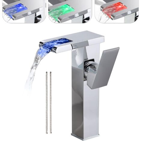 Rubinetto per bagno cromato con illuminazione a LED, cascata a 3 colori cangianti, maniglia singola, rubinetto per lavabo monoforo,senza troppo pieno, montato su piano WC alto (con tubi) (1/5)