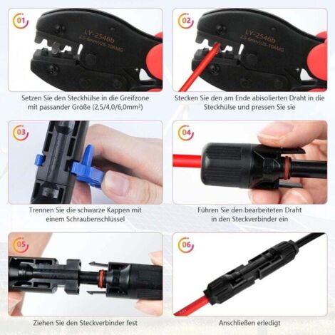 Juego herramientas de crimpado conector fotovoltaico solar para cables solares 2,5/4/6 mm², 6 pares conectores cable solar macho/hembra 2 llaves 1 crimpadora, con estuche