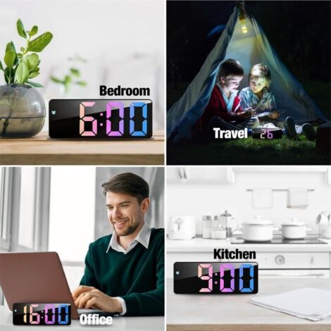 Réveil Numérique Grand écran LED Courbe - Silencieux, Haute Luminosité - Alimentation Secteur Ou Piles