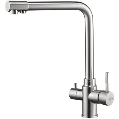 FilterLogic Azores 3 Way Triflow Monobloc Mixer Kitchen Filter Tap - Brushed Steel with Free Filter System