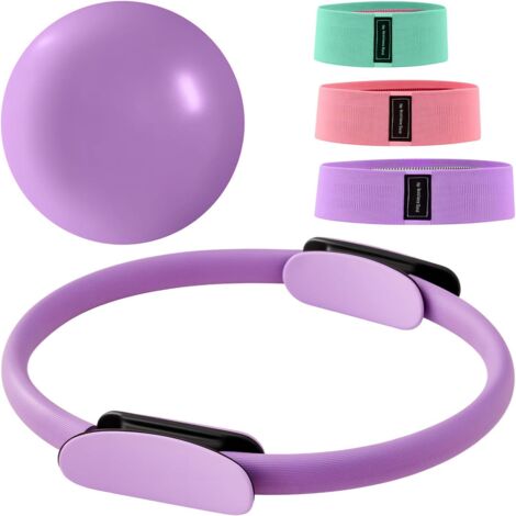 Trintion 14 Zoll Pilates Ring Set Magic Circle Mit Doppelt Gepolsterten Griffen 3 Widerstandsbändern (20/30/45 LBS) Rutschfestem Miniball Trainingsanleitung und Tragetasche (Lila)