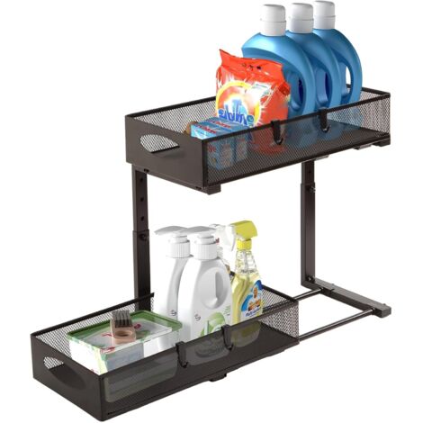 Trintion Unter Waschbecken Regal Höhenverstellbar 2 Etagen Küchen Organizer mit Ausziehbaren Schubladen & Haken Spülschrank Organizer für Küche Bad Gewürzregal (Schwarz)