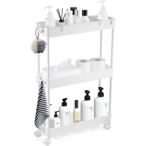 YORKING 3-stufiger Rollwagen Küchenwagen 61×40×13 cm vielseitiger Aufbewahrungswagen mit 360°-Lenkrollen, stabilem PP-Regal & Edelstahlrohr, Faltbarer Mehrzweckwagen für Küche, Bad & Büro (1/5)