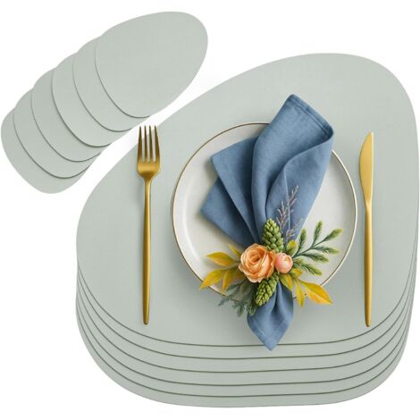 YORKING 6er Set Tischset aus Leder-Imitat, Starke rutschfeste & wasserdichte Tischsets aus Kunstleder, Oval Tischset 42x33cm mit Untersetzer für Küche & Esszimmer-6x Platzset + 6X Untersetzer, Grau