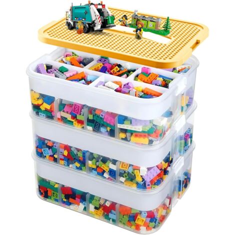 Trintion Aufbewahrungsboxen für Lego, 3-stöckige große stapelbare Aufbewahrungsbox mit Deckeln und verstellbaren Fächern, Lego-Organizer für Bausteine, Ziegel, Puzzle-Board-Organizer (Blau)