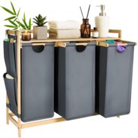 YORKING Wäschekorb 3 Fächer aus Bambus, Wäschesammler 150 L (3 x 50 L) Wäschesortierer mit Ablage, abnehmbarer Wäschesack & seitliche Taschen, Natur-Optik, 94 x 33 x 78 cm (Dunkelgrau)