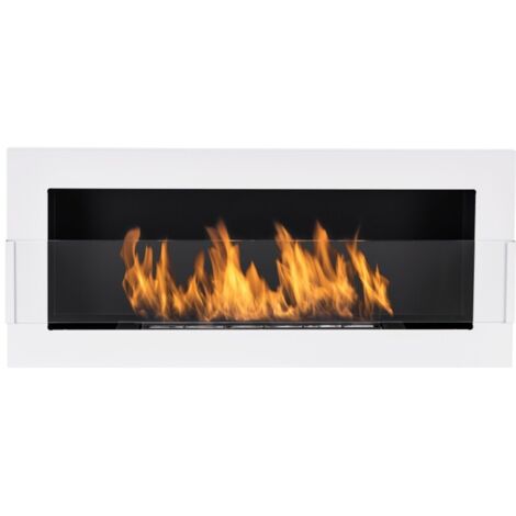 Cheminée au bioéthanol 90 cm avec vitre. Cheminée murale bio à flamme réglable, blanche. (1/5)