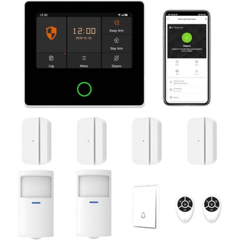 4G WiFi Alarmsystem, 10-teiliges Set inklusive 4,3-Zoll-Touchscreen-Panel, Türbewegungssensor, eingebauter 115dB-Sirene und App-Steuerung.