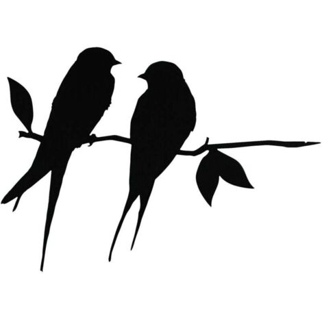 Metallvogel-Silhouette, rustikale Schwalbensilhouette eines schwarzen schmiedeeisernen Vogels auf einem verzierten Ast für einen Gartenbaum. (1/5)