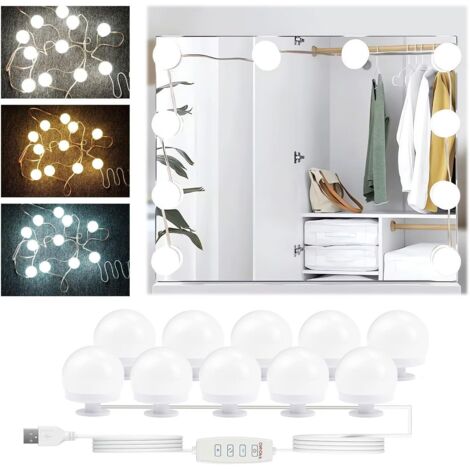 10 dimmbare Spiegelleuchte, 3 Farben, LED-Spiegel, Schminktischlampe, Schminktischleuchte, Hollywood-Make-up-Lampen für Kosmetikspiegel, Camping, Fotopartys