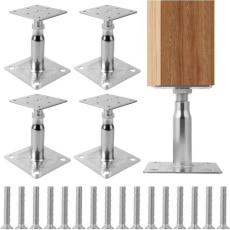 verzinkte Pfostenhalterungen 100 bis 150 mm, Set mit 4 höhenverstellbaren Pfostenstützen inklusive 16 Schrauben, quadratische Pfostenbasis für Zäune, Schuppen und Pergolen (1/5)