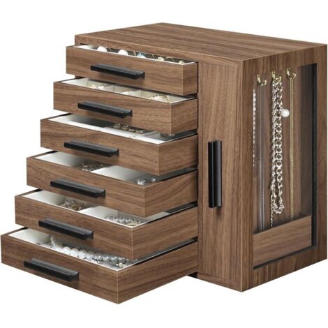 Schmuckkästchen im Retro-Stil aus Holzverbundwerkstoff mit 6 Schubladen und Vitrine für Ohrringe, Halsketten und Ringe, Ausführung in dunklem Walnussholz und Schwarz.