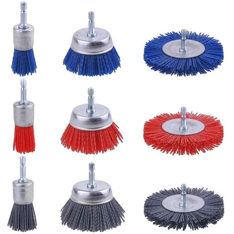 Set mit 9 Nylon-Draht-Schleifbürsten, Nylon-Bohrbürste mit 1/4-Zoll-Sechskantschaft, Schleifwerkzeuge zum Schleifen von Holz, Bohrbürste zum Entfernen von Rost, Korrosion und Farbe (9)