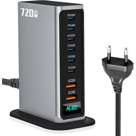 720W USB-C Ladegerät, 8-in-1 GaN Schnellladestation für Laptops, kompatibel mit PD140W, 100W/QC20W (6C + 2A), mit MacBook Pro/Air, iPad, iPhone, HP, Galaxy S25 usw.