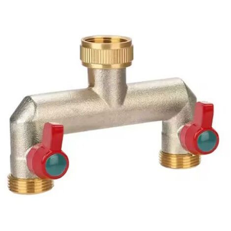 Gartenwasserhahn-Verteiler aus Messing, 1/2"- und 3/4"-Schlauchverteiler, 2-Wege-Wasserhahn-Schlauchverbinder mit Ventilen und verlängertem Griff, Montage an zwei Bewässerungsuhren (1/5)