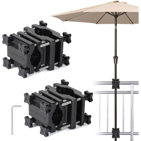 x Balkon-Sonnenschirmhalterung, Schraubsockel für Sonnenschirme Ø 22–38 mm, Sonnenschirmklemme für quadratische Balustrade 25–60 mm oder runde Balustrade Ø 25–40 mm, Schwarz