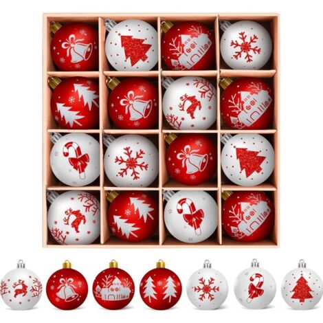 Weihnachtsbaumschmuck, 16-teiliges Set aus weißen und roten Weihnachtskugeln, Weihnachtsdekoration für den Innenbereich