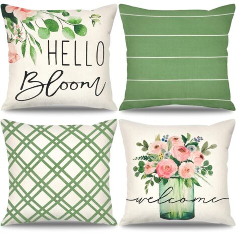 Set di 4 federe per cuscini 45 x 45 cm in lino decorativo con motivo botanico, verde, primavera ed estate, per divano letto, soggiorno, interni auto