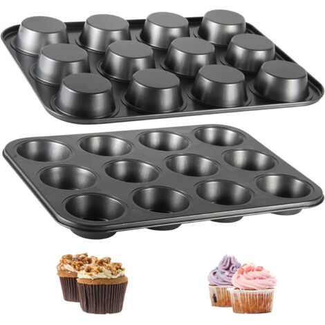 Set di 2 grandi stampi antiaderenti per muffin, cupcake, brownies, torte, budini, 35,5 x 26,5 x 2,7 cm, Nero