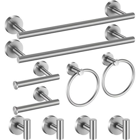 Set di accessori da bagno da 10 pezzi, 2 portasciugamani, 2 porta carta igienica, 2 anelli per asciugamani, 4 ganci per accappatoio, acciaio inossidabile, montaggio a vite (finitura in acciaio inossid