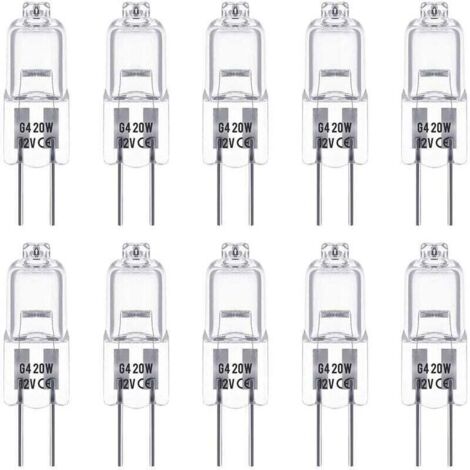 Lampadine alogene G4, 12 V, 20 W, attacco a spillo, luce bianca calda (2800 K), dimmerabili, bassa tensione, capsula trasparente, confezione da 10