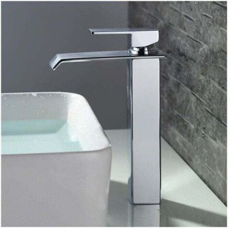 Rubinetto per bagno a cascata, miscelatore per lavabo con beccuccio alto, finitura cromata, design moderno