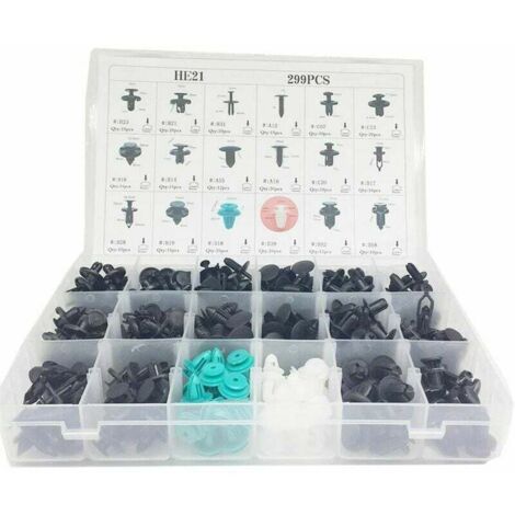Kit universale per la riparazione dell'auto con 299 pezzi, tra cui clip, elementi di fissaggio, rivetti, modanature, fermi e pannelli in plastica per portiere. Include una scatola portaoggetti.