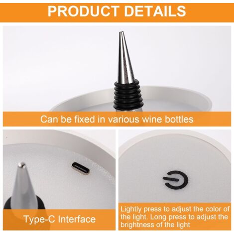 Lampada Bottiglia Senza Fili, Paralume LED Con Controllo Touch 3 Colori, Ricaricabile USB, Per Vino O Whisky