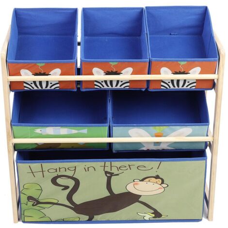 Scaffale portaoggetti per bambini in legno con animali dei cartoni animati blu