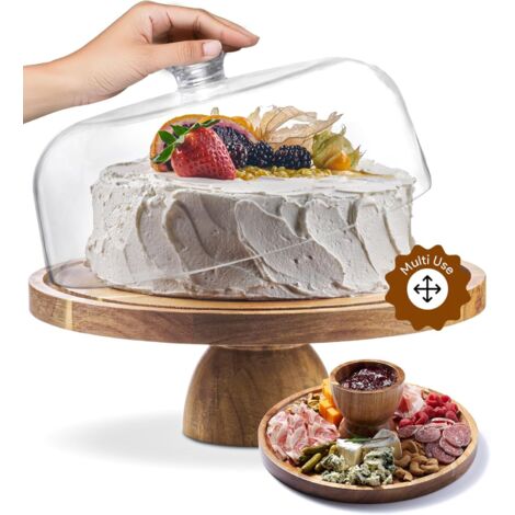 Alzata per torta in legno di acacia con coperchio - Alzata per torta rotonda da 30 cm, set da dessert 2 in 1 per formaggi, patatine e salse, nachos e piatto di frutta (1/5)