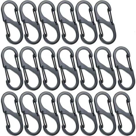 20 Mini moschettoni a forma di S, lega di alluminio, 8 forme, robusti, leggeri, impermeabili, doppio anello per la casa, attività all'aperto come escursionismo, pesca, campeggio, viaggi, ecc. - Nero ( (1/5)
