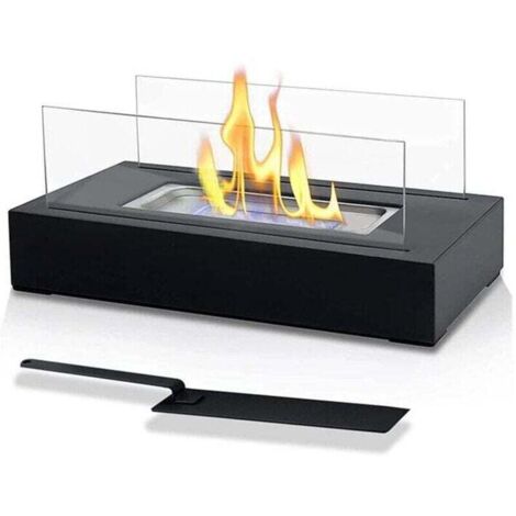 Caminetto a bioetanolo, caminetto da tavolo – portatile, rettangolare, nero, acciaio inox, 2 pannelli in vetro, per uso interno ed esterno – stufa a bioetanolo, indipendente, mobile