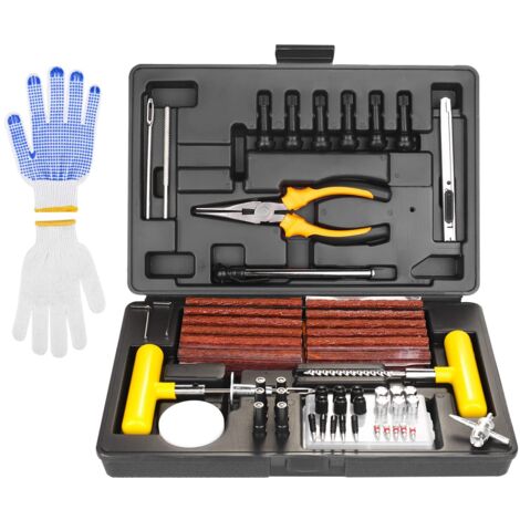 Kit di riparazione pneumatici a vuoto con manometro per pneumatici, guanti per pneumatici, kit di riparazione per auto, moto, bicicletta, trattore, camion (100 pezzi) (1/5)
