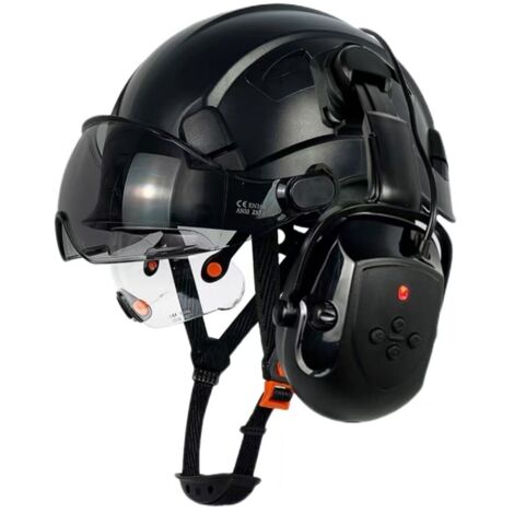 Casco di sicurezza con visiera, Bluetooth, cuffie antirumore, SNR 26dB, elmetto con visiera, cuffie antirumore montate, elmetto ANSI ventilato (cuffia nera CR08 + occhiali CS + cuffie antirumore Bluet