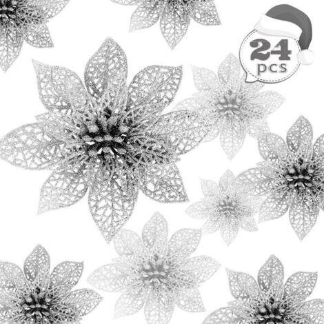 Fiori di Natale, 24 fiori di Natale scintillanti, fiore di Natale cavo e scintillante, stella di Natale artificiale, decorazione per albero di Natale, matrimonio, festa, Natale (argento)