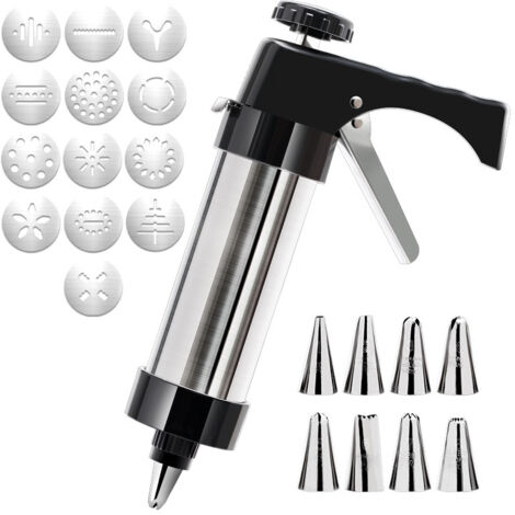 Siringa professionale in acciaio inox per pasticceria, pressa per biscotti, pistola per pasta con 13 dischi per biscotti e 8 ugelli per la preparazione di biscotti (1/5)