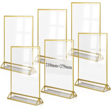 Set di 6 espositori da tavolo in acrilico formato A4, porta poster dorato, cornice portafoto trasparente bifacciale per menu, foto, matrimoni, pubblicità, ricevimenti.