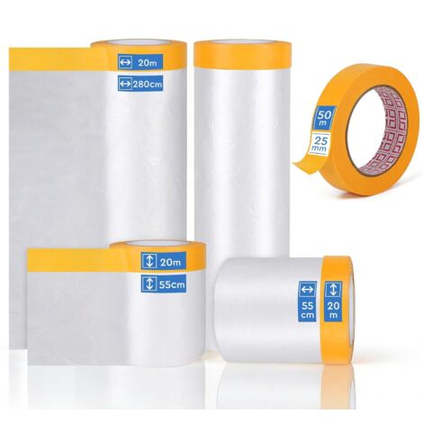 rotoli di telo protettivo per verniciatura con nastro adesivo di mascheratura: 280 cm x 20 m x 1, 150 cm x 20 m x 1, 55 cm x 20 m x 2 rotoli di pellicola di mascheratura e 1 rotolo di nastro di masche