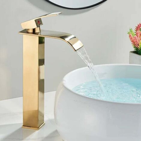 Grifo de lavabo en cascada dorado, grifo de baño en cascada con caño regulable en altura para agua fría y caliente, grifo de lavabo en cascada de acero inoxidable