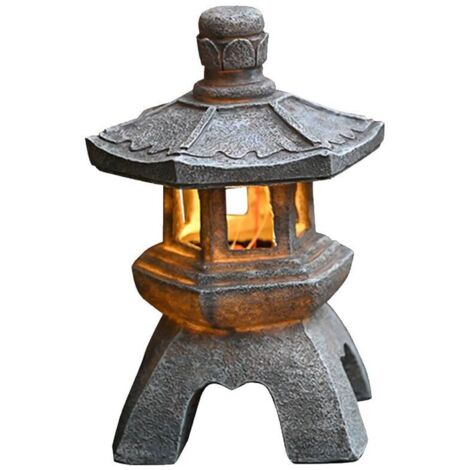 Farol solar de jardín, decoración paisajística zen asiática para balcón, jardín, patio, porche y terraza. Resina, acabado en piedra gris.