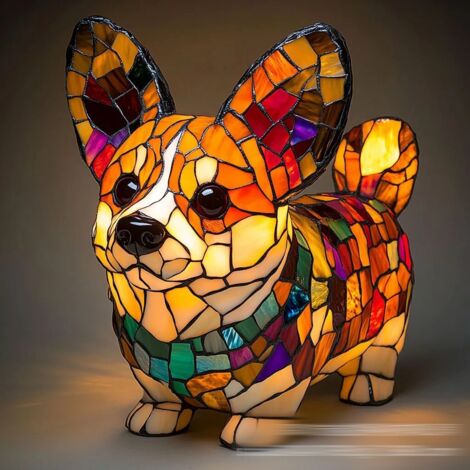 Lámpara de vitral con forma de animal - Lámpara de vitral vintage con forma de gato, hecha a mano, luz nocturna LED decorativa colorida para el hogar y el dormitorio, Corgi B