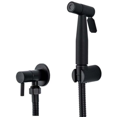 Grifo de inodoro con pulverizador de bidé portátil negro de acero inoxidable con válvula Shattaf para baño frío