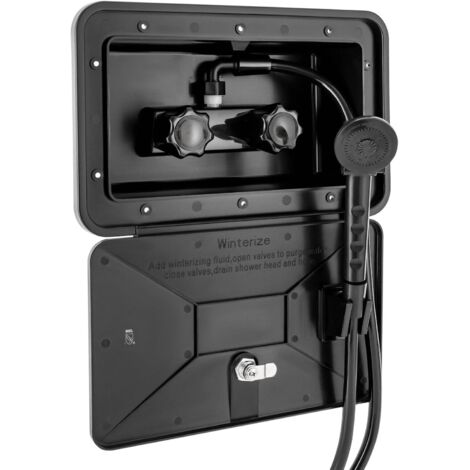 Ducha de camping, ducha exterior para autocaravana, interruptor de agua fría y caliente, cabezal de ducha, caravana, apta para jardín, playa, camping, viajes (negro)