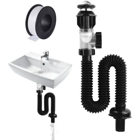 Kit de sifón para fregadero, accesorio de drenaje para fregadero con cinta adhesiva impermeable de 15 M, kit de drenaje para fregadero de cocina y baño con sifón que ahorra espacio para entradas de dr (1/5)