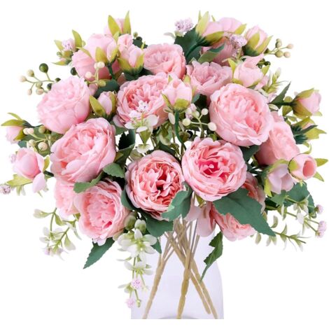 Ramo de 4 peonías artificiales de seda para centros de mesa de boda, decoración de cocina, rosa