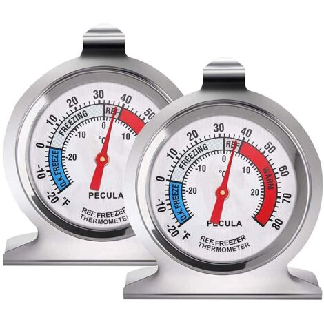 Juego de 2 termómetros para refrigerador, de -30 a 30 °C / de -20 a 60 °F, termómetro analógico clásico, esfera grande con indicador rojo, apto para refrigeradores/congeladores. (1/5)