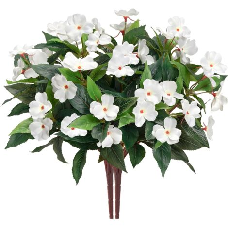 Ramo de impatiens artificiales con 7 tallos para patio, césped, jardín, decoración de bodas, accesorios de fotografía (2 piezas) Blanco