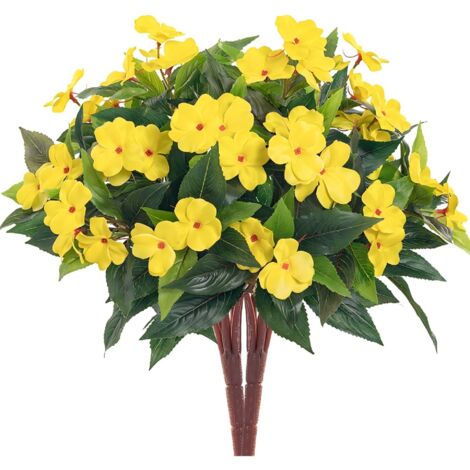 Ramo de 7 impatiens artificiales para patio, césped, jardín, decoración de bodas, accesorios de fotografía (2 piezas) amarillo