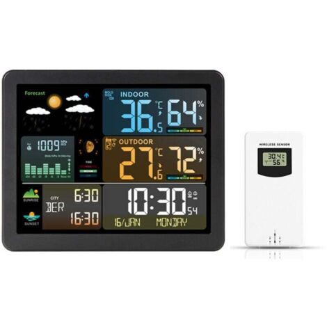 Reloj meteorológico con pantalla a color, reloj electrónico, termómetro e higrómetro para interiores y exteriores, despertador inalámbrico con pronóstico del tiempo por radiofrecuencia. (1/2)