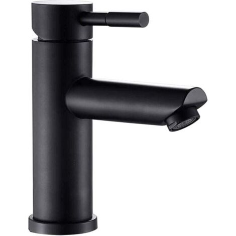 Grifo mezclador de lavabo moderno de acero inoxidable - Solo agua fría - Con manguera - Para baño, ducha y cocina - Negro (1/5)